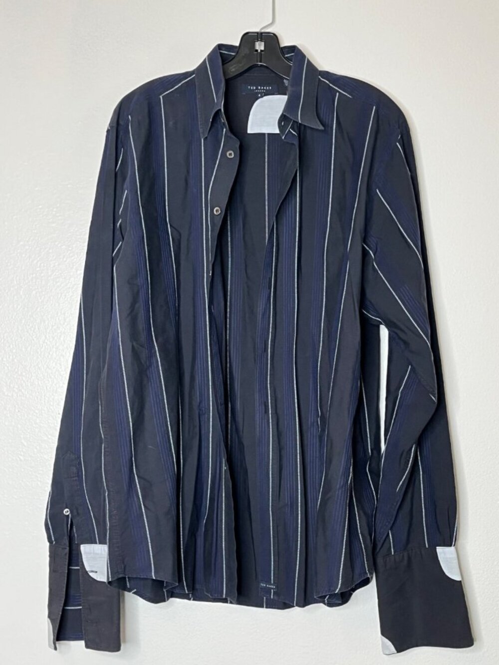 Ted Baker Mens Navy Blue Striped Long Sleeve Button-Up Shirt Size 4